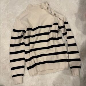 Cream and Black Striped Sweater with Button Detail